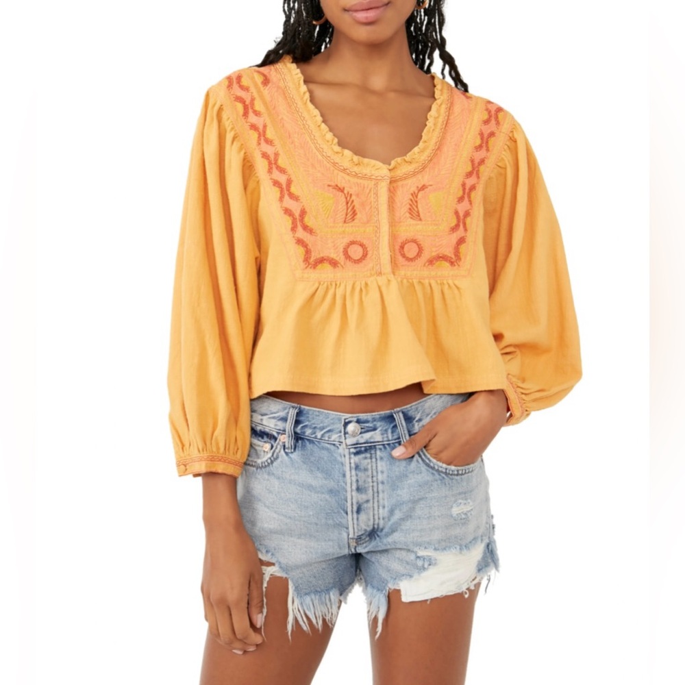 Free People Iggie Claire Combo Top XS Embroidered Yoke Boho Long Puff Sleeve NWT